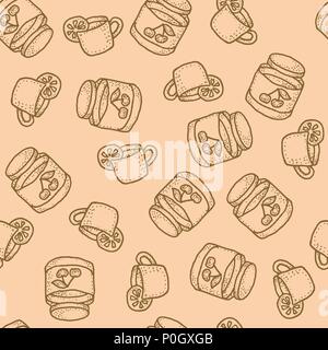 Die nahtlose Vektor Muster mit Tee mit Zitrone und Kirsche Konfitüre in Beige Stock Vektor