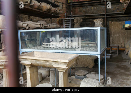 Gips eines kleinen Kindes in einer Vitrine, vom Ausbruch des Vesuv im AD 79 an die archäologische Stätte von Pompeji, Pompei, Kampanien, Italien, Stockfoto