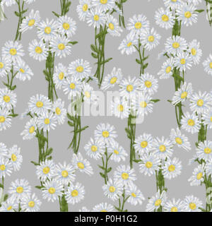 Daisy Bündel nahtlose Muster auf grauem Hintergrund. Romantische Kamille Blumensträuße nahtlose Rapport für Print, Hintergrund, Mode und Design. Stockfoto