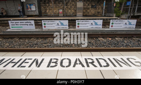 Mehrere Sicherheit Warnschilder auf der Plattform und der Titel eines Sydney Light Rail Station auf dem Messegelände stop in Sydney, Australien Stockfoto