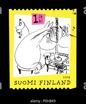 Storniert Briefmarke von Finnland gedruckt, zeigt die Mumins Cartoons, circa 2009. Stockfoto