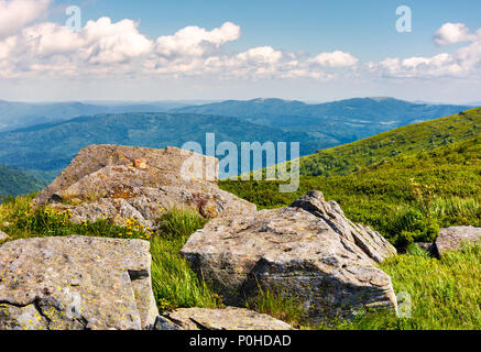 Felsen am Rand einer grasbewachsenen Hügel. gelber Löwenzahn unter den Felsen. schöne Natur Landschaft in den Bergen Stockfoto