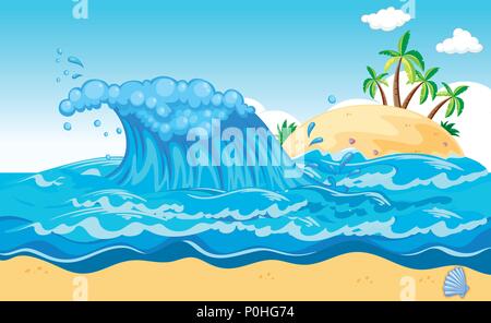 Eine riesige Welle eine Insel Abbildung Stock Vektor