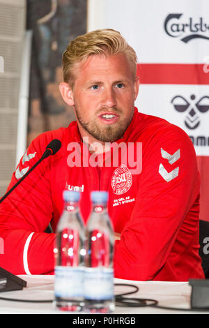 Brøndby, Dänemark - 8. Juni 2018. Dänische Torhüter Kasper Schmeichel nimmt an einer Pressekonferenz der dänischen Nationalmannschaft bei Bröndby Stadion vor dem Testspiel gegen Mexiko. (Foto: Gonzales Foto - Thomas Rasmussen). Stockfoto