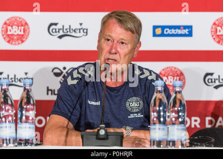 Brøndby, Dänemark - 8. Juni 2018. Dänemarks norwegischen Manager Åge Hareide nimmt an einer Pressekonferenz der dänischen Nationalmannschaft bei Bröndby Stadion vor dem Testspiel gegen Mexiko. (Foto: Gonzales Foto - Thomas Rasmussen). Stockfoto