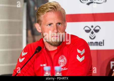 Brøndby, Dänemark - 8. Juni 2018. Dänische Torhüter Kasper Schmeichel nimmt an einer Pressekonferenz der dänischen Nationalmannschaft bei Bröndby Stadion vor dem Testspiel gegen Mexiko. (Foto: Gonzales Foto - Thomas Rasmussen). Stockfoto