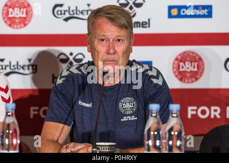 Brøndby, Dänemark - 8. Juni 2018. Dänemarks norwegischen Manager Åge Hareide nimmt an einer Pressekonferenz der dänischen Nationalmannschaft bei Bröndby Stadion vor dem Testspiel gegen Mexiko. (Foto: Gonzales Foto - Thomas Rasmussen). Stockfoto