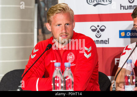 Brøndby, Dänemark - 8. Juni 2018. Dänische Torhüter Kasper Schmeichel nimmt an einer Pressekonferenz der dänischen Nationalmannschaft bei Bröndby Stadion vor dem Testspiel gegen Mexiko. (Foto: Gonzales Foto - Thomas Rasmussen). Stockfoto