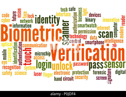 Die biometrische Verifizierung, Word cloud Konzept auf weißem Hintergrund. Stockfoto