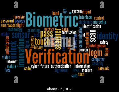Die biometrische Verifizierung, Word cloud Konzept auf schwarzem Hintergrund. Stockfoto