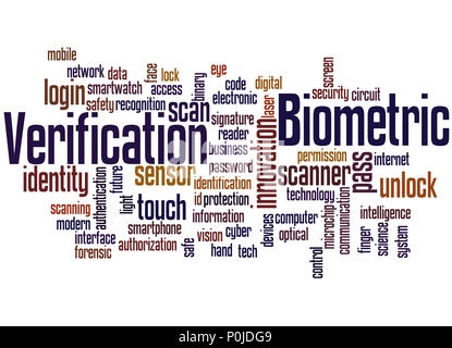 Die biometrische Verifizierung, Word cloud Konzept auf weißem Hintergrund. Stockfoto