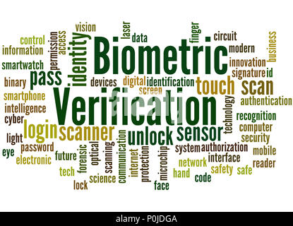 Die biometrische Verifizierung, Word cloud Konzept auf weißem Hintergrund. Stockfoto