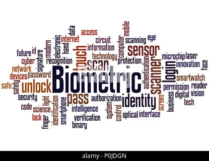 Biometrische, Word cloud Konzept auf weißem Hintergrund. Stockfoto