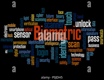 Biometrische, Word cloud Konzept auf schwarzem Hintergrund. Stockfoto
