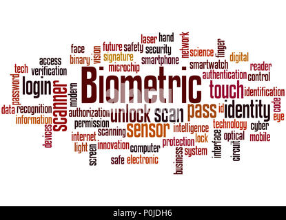Biometrische, Word cloud Konzept auf weißem Hintergrund. Stockfoto