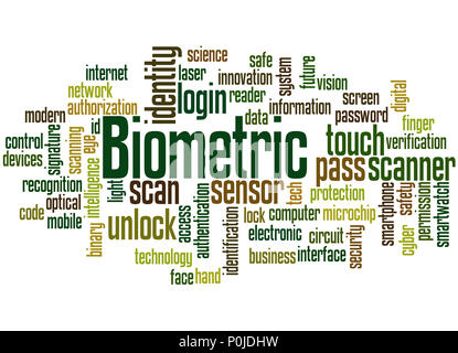Biometrische, Word cloud Konzept auf weißem Hintergrund. Stockfoto