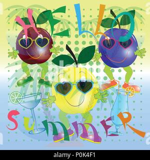 Pflaume cartoon Poster Hallo Sommer Stock Vektor