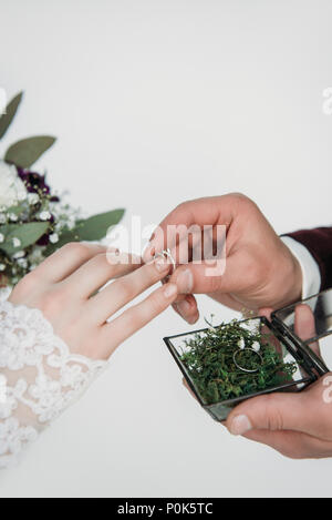 Teilansicht der Bräutigam trägt Braut Hochzeit Ring am Finger Stockfoto