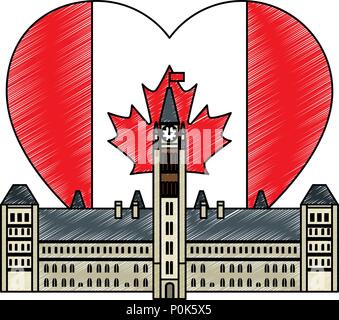 Kanadische Parlament Gebäude mit Herz Flagge Stock Vektor