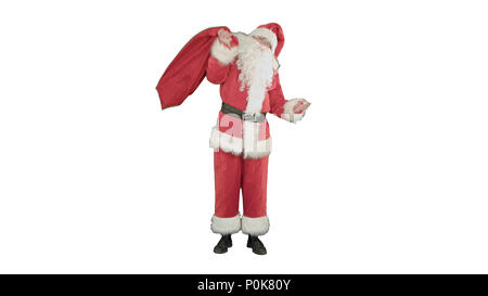 Real Santa Claus mit großen Sack voll Geschenke auf weißem Hintergrund Stockfoto