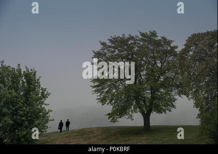 Zwei Menschen laufen an der Spitze der Carlton Hill auf einem nebligen Tag Stockfoto