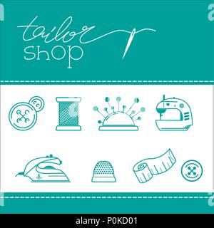 Tailor logo Vorlage. Eine Zeile Schriftzug Abbildung mit Sammlung nähen Symbole Stock Vektor