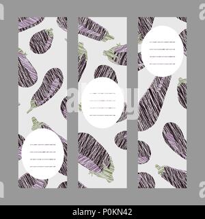 Vegan Banner ist. Zerkratzte Auberginen. Textrahmen. Vertikale Serie. Reif Auberginen. Sommer Gemüse. Kopieren Sie Platz. Hand gezeichnet Gemüse Muster. Vegetarisches Stock Vektor