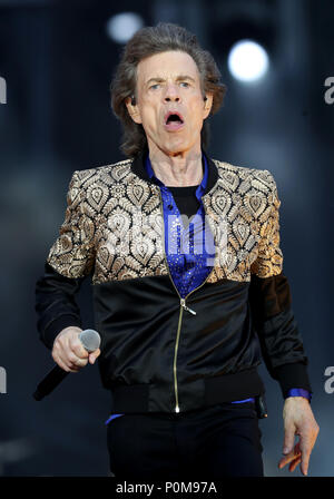 Mick Jagger von den Rolling Stones während ihrer Gig im Murrayfield Stadium in Edinburgh, Schottland. Stockfoto