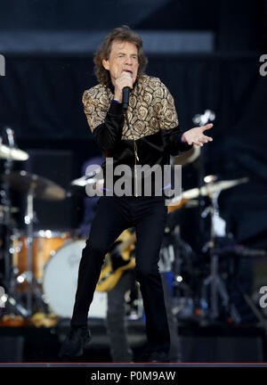 Mick Jagger von den Rolling Stones während ihrer Gig im Murrayfield Stadium in Edinburgh, Schottland. Stockfoto