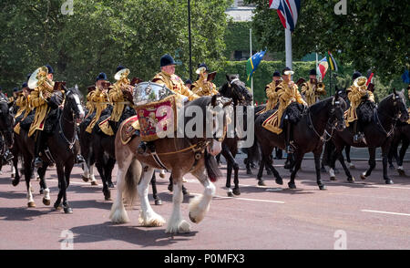 Drum Pferd und Schlagzeuger, mit montierten Band hinter mit, die an der die Farbe Militärische Zeremonie, London UK Stockfoto