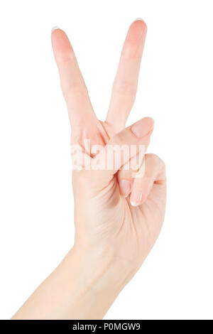 Schöne Frau Hand zeigen Sieg Geste. Auf weißen, Beschneidungspfade getrennt ausgewiesen Stockfoto