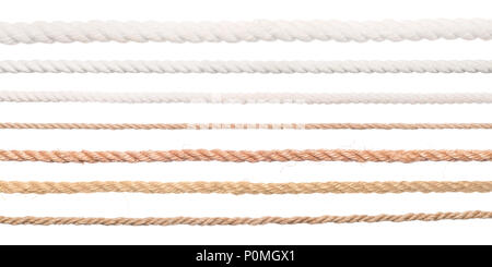 Seile eingestellt. Sammlung von verschiedenen gerade lange Seile isoliert auf weißem Stockfoto