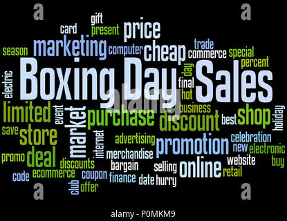 Boxing Day Verkauf word cloud Konzept auf schwarzem Hintergrund Stockfoto