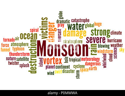 Monsun, Word cloud Konzept auf weißem Hintergrund. Stockfoto