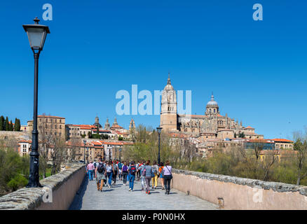 Salamanca, Spanien. Blick auf die Altstadt und Kathedralen von der Puente Romano (Römische Brücke), Salamanca, Castilla y Leon, Spanien Stockfoto