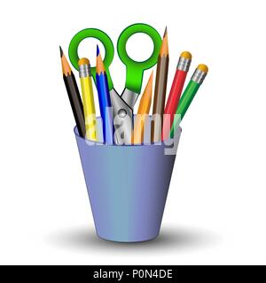 Vector Illustration, Bleistift und Schere in einem blauen Glas mit farbigem, Schulbedarf Stock Vektor