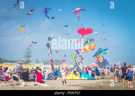 Otaki, Neuseeland - 5. März, 2016: Personen, die die jährliche Otaki Kite Festival im Sommer auf der schönen Kapiti Küste von Neuseeland statt. Stockfoto