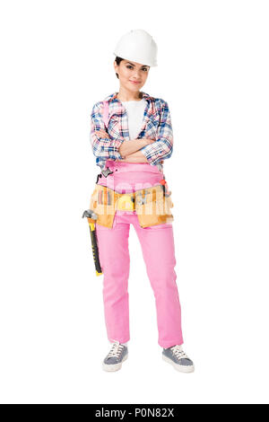 Professionelle female Builder in Overalls und hardhat isoliert auf weißem Stockfoto