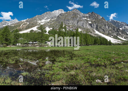 Schöne Landschaft von Val Ferret im Frühjahr Saison mit See, kleines Dorf, Lärchen und Berge Grandes Jorasses im Hintergrund, Italien Stockfoto