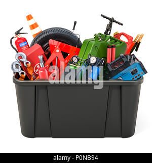 Schwarzer Kunststoff Kasten voll auto Werkzeuge, Geräte und Zubehör. 3D-Rendering auf weißem Hintergrund Stockfoto
