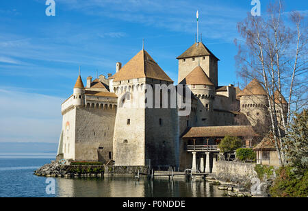 MONTREUX, Schweiz - Januar 2016 - Chateau de Chillon in der Nähe von Montreux ist sicher einer der bekanntesten Sehenswürdigkeiten in der Schweiz Stockfoto