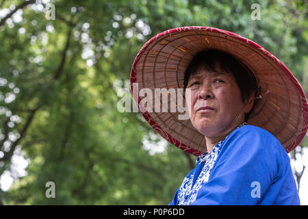 Suzhou, Jiangsu, China. Frau mittleren Alters Ruderboot für Besucher auf einem Kanal in Tongli antiken Stadt in der Nähe von Suzhou. Stockfoto