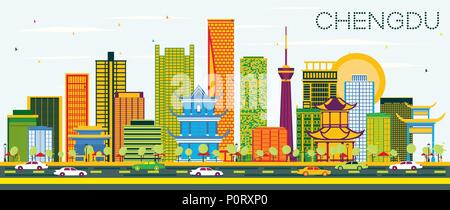 Chengdu China Skyline mit Farbe Gebäude und blauer Himmel. Vector Illustration. Stock Vektor