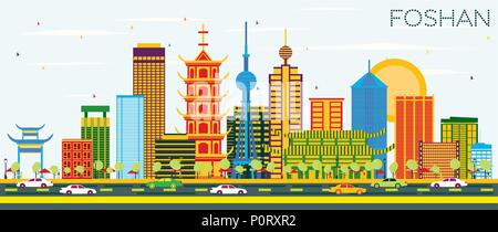 Foshan China Skyline mit Farbe Gebäude und blauer Himmel. Vector Illustration. Business Travel und Tourismus Konzept mit moderner Architektur. Stock Vektor