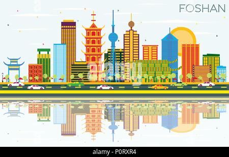 Foshan China Skyline mit Farbe Gebäude, blauer Himmel und Reflexionen. Vector Illustration. Stock Vektor