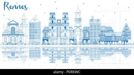 Umrisse Rennes Frankreich Skyline der Stadt mit blauen Gebäude und Reflexionen. Vector Illustration. Stock Vektor