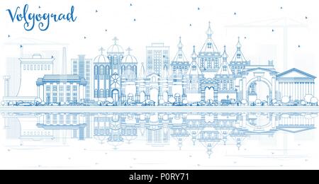 Umrisse Wolgograd Russland Skyline der Stadt mit blauen Gebäude und Reflexionen. Vector Illustration. Business Travel und Tourismus Konzept mit historischen Arch Stock Vektor