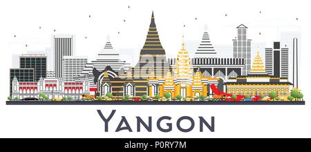 Yangon Myanmar Skyline der Stadt mit grauen Gebäude isoliert auf Weiss. Vector Illustration. Stock Vektor