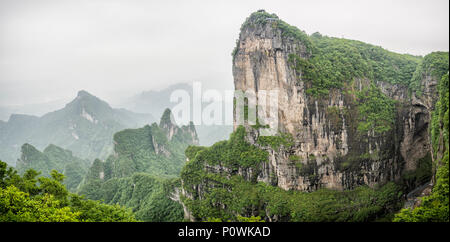 Panorama der Tianmen Mountain Peak mit Blick auf die Höhle, bekannt als der Himmel Tor durch den grünen Wald und Nebel an Zhangjiagie, Hunan umgeben Stockfoto