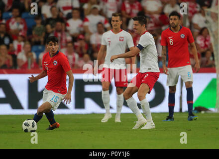 8. Juni 2018, Poznan, Polen: Fußball, Freundschaftliches Spiel Polen gegen Chile am AKOITION Stadion Posen: Angelo Araos von Chile. Foto: Jens Büttner/dpa-Zentralbild/dpa Stockfoto